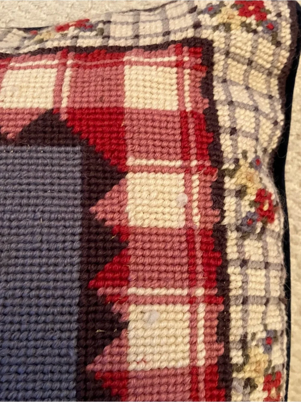 VTG Needlepoint Pillow Wool Apples Plaid Velvet Back 14” Cottage Country Granny